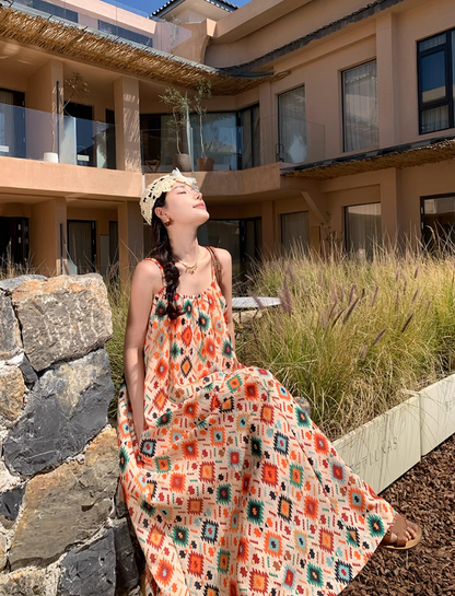 National style retro floral suspender dress temperament loose A-line long skirt R0615