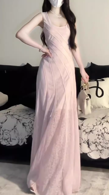 Design pure desire pink vest dress 2025 new seaside vacation gentle temperament slim long skirt R0476