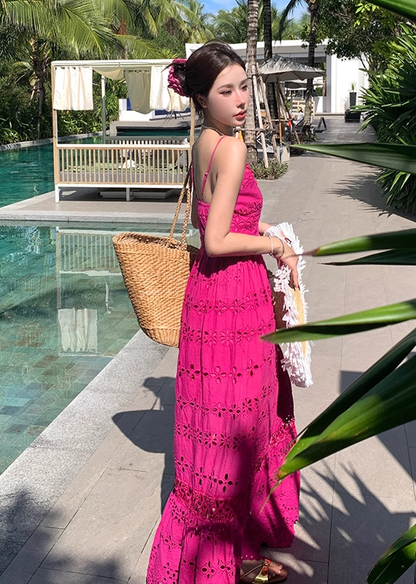 French retro heavy hollow flower embroidery design rose red suspender dress waist lace long skirt R0205
