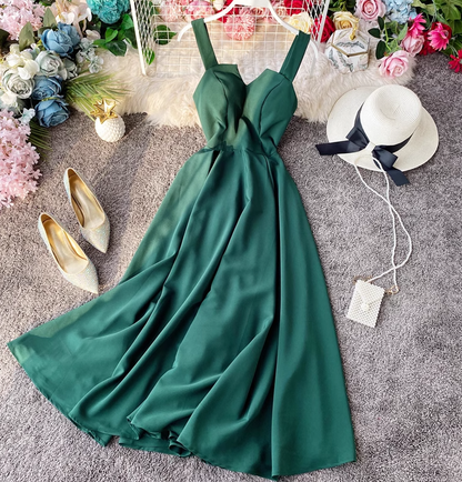 Sexy backless retro suspender skirt tube top dress waist slimming beach over knee goddess dress R0340