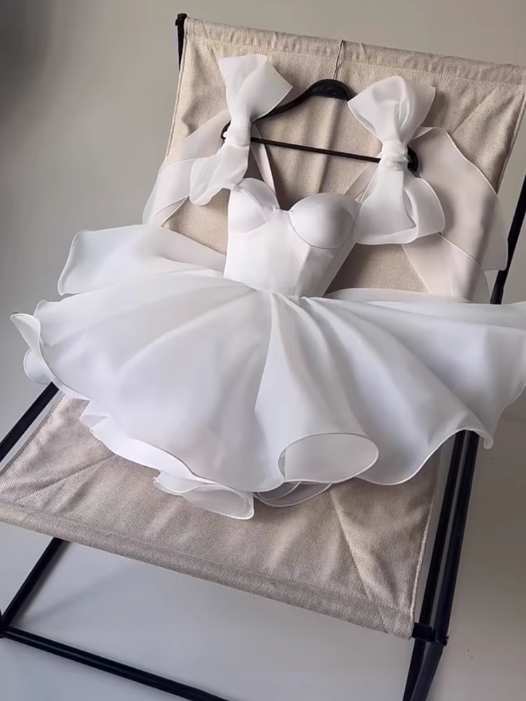 Cute Fashion White Bow Design A-line Tulle Party Dresses Homecoming Dresses, D1387