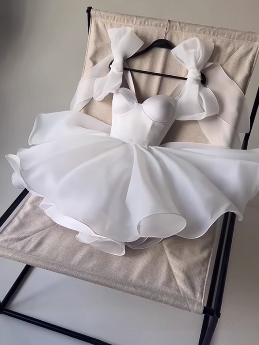 Cute Fashion White Bow Design A-line Tulle Party Dresses Homecoming Dresses, D1387