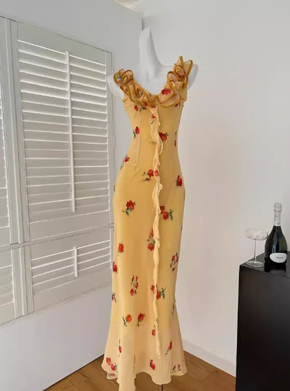 2025 Summer New Rose Lace Suspender Floral Dress Fishtail Long Dress French Holiday Dress R0268