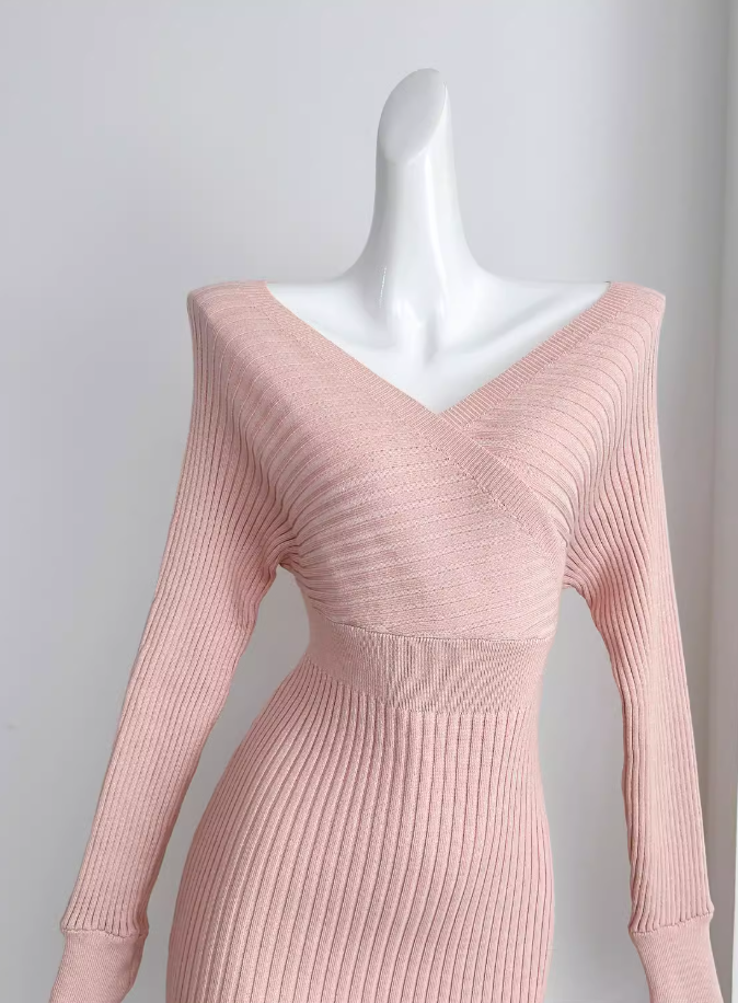 Pure desire slim waist sexy hip pink dress V-neck bottom knitted long skirt R0296