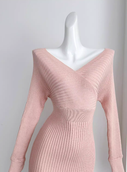 Pure desire slim waist sexy hip pink dress V-neck bottom knitted long skirt R0296