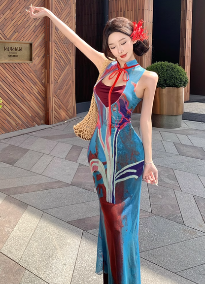 Retro contrast color hollow dress sexy temperament waist slim hip skirt R0658