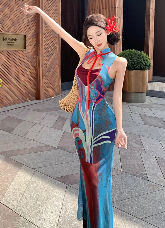 Retro contrast color hollow dress sexy temperament waist slim hip skirt R0658