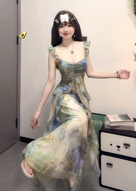 Blurred floral suspender dress temperament waist A-line beach dress R0659