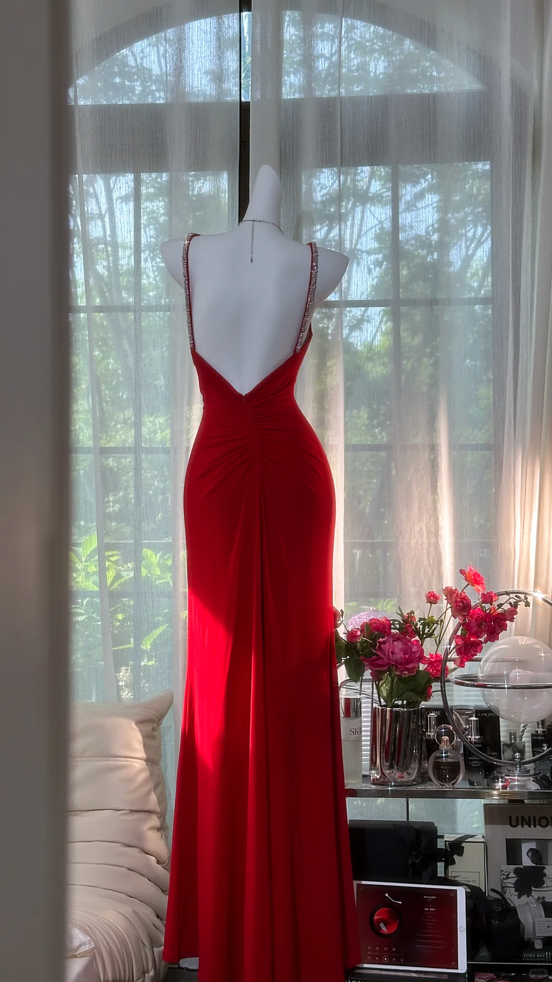 Retro Burgundy Sparkling Sequin Spaghetti Strap Romantic Sweetheart Evening Dress Prom Dresses, D1459