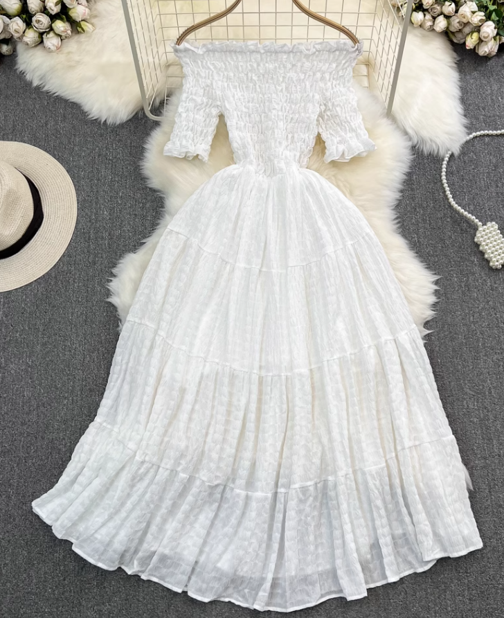 Gentle style, super fairy, one shoulder, off-shoulder, waist, slim, A-line dress, seaside holiday, long skirt R0372