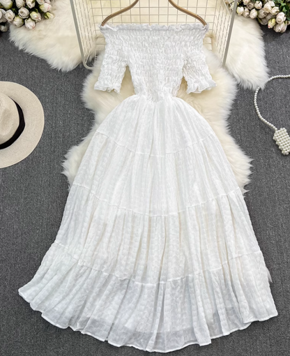Gentle style, super fairy, one shoulder, off-shoulder, waist, slim, A-line dress, seaside holiday, long skirt R0372