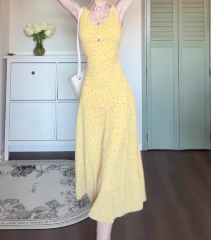 V-neck sleeveless yellow floral dress 2025 new waist long skirt R0804