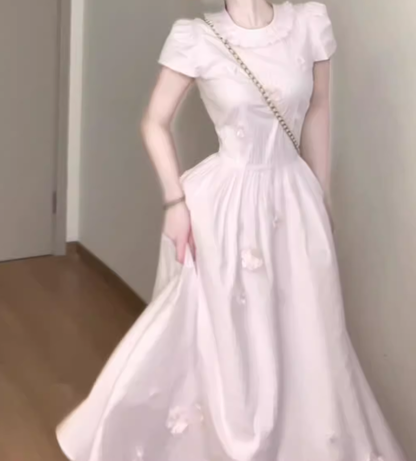 Gentle style pink baby collar dress floral waist A-line long skirt R0790