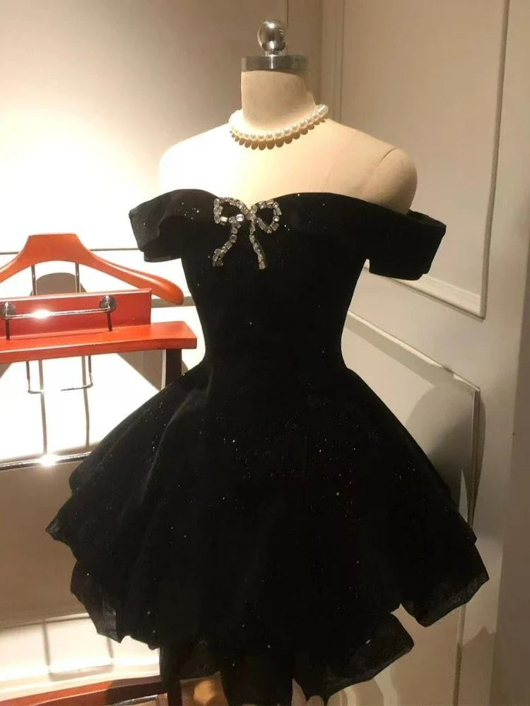 Black Off Shoulder Homecoming Dress Short Party Dress    fg7701