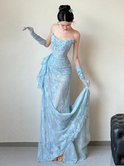 Blue Lace Mermaid Long Prom Dress Sexy Evening Dresses With Side Split   fg7665