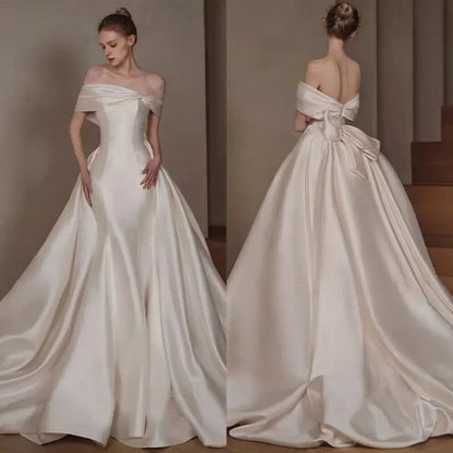 Luxury Satin A Line Wedding Dress Boat Neck Sleeveless Off Shoulder Bridal Gown