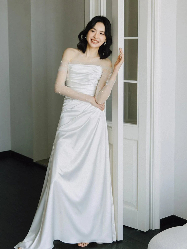 Long Sleeves Satin Mermaid Wedding Dresses Long Bridal Gown      S7213