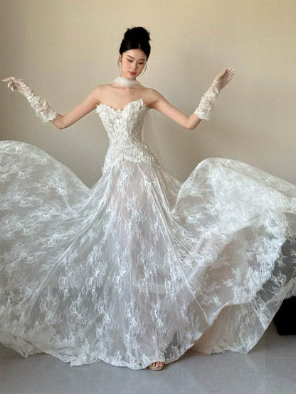Sexy Lace Strapless Long Wedding Dresses Bridal Gown      S7206