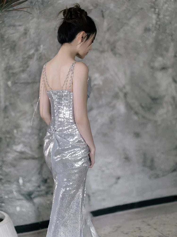 Silver Sequin Mermaid Long Prom Dress Sexy Evening Dresses   fg7666