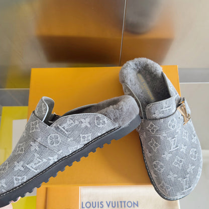 LV 25 Birkenstock Platform Slippers Gray Denim Wool 576214