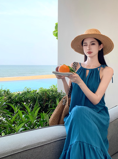 Bohemian retro blue white sling fishtail dress holiday style seaside beach dress sling dress long skirt R0196