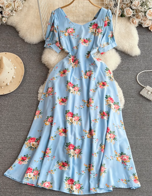 French lady temperament lady short sleeve square collar waist slim a-line print dress elegant long skirt R0406