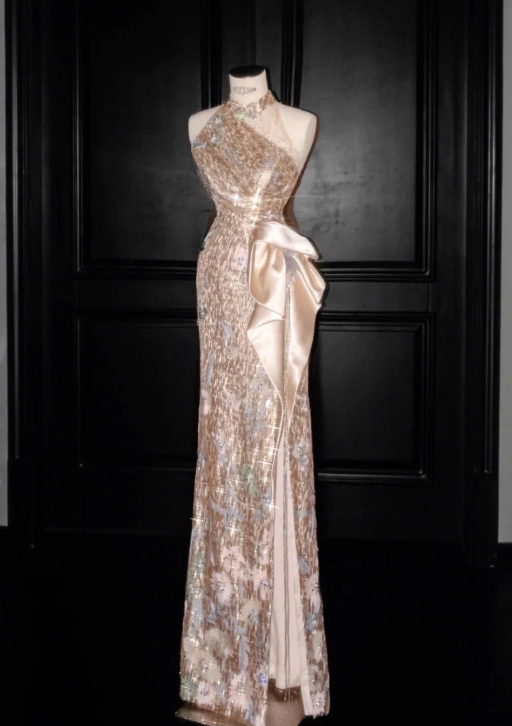 Champagne Sequin Prom Party Dress Shiny Evening Dress Birthday Outfit fg8687