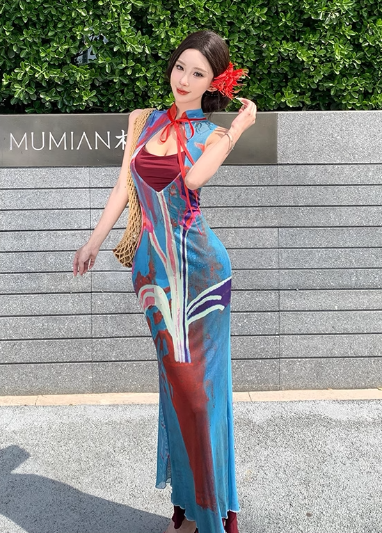 Retro contrast color hollow dress sexy temperament waist slim hip skirt R0658