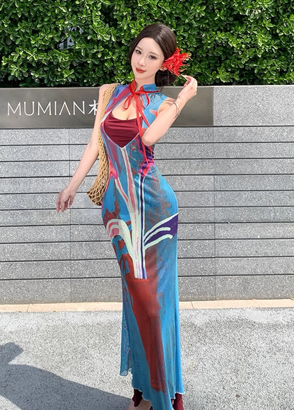 Retro contrast color hollow dress sexy temperament waist slim hip skirt R0658