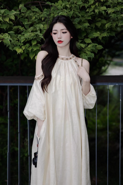 Retro French off-the-shoulder dress, seaside holiday style, cool temperament, unique and chic dress R0419