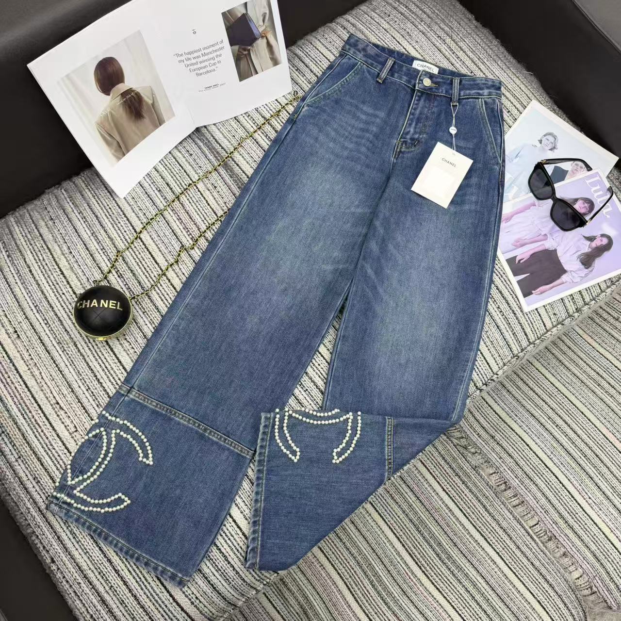 Chanel 2025 Double C Logo Beaded Straight-leg Jeans Blue Cotton 319001