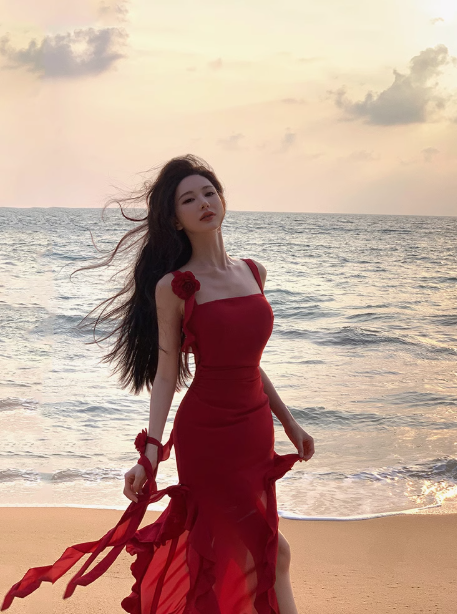 French style beautiful irregular ruffled red suspender dress sexy slit seaside holiday long dress R0213