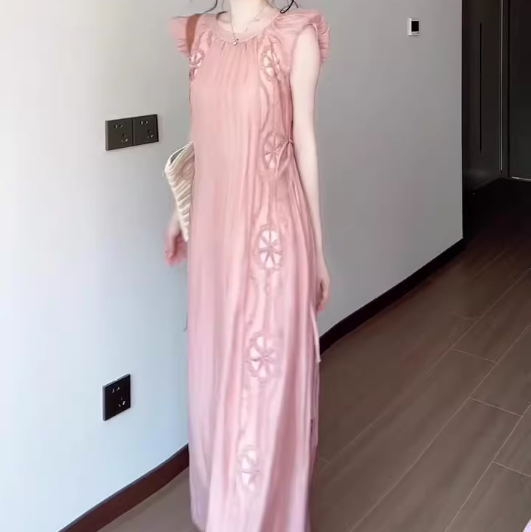 Women's pink small flying sleeve dress gentle sweet style loose long skirt R0725