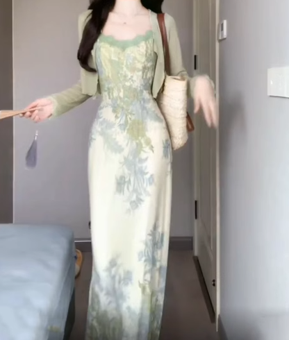 Floral suspender dress beautiful waist dating dress summer R0730