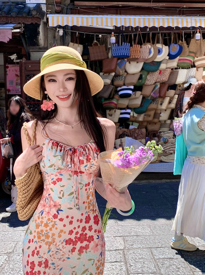 Women's French V-neck floral suspender dress waist and hip long skirt R0611