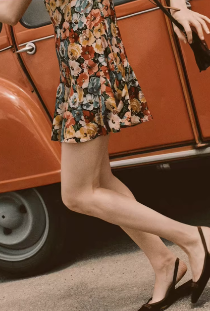 Dress new holiday French style niche printed flowers sleeveless round neck short skirt R2922