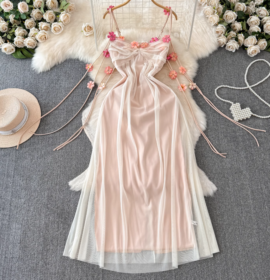 French style mesh suspender dress for women new style temperament waist slimming A-line long skirt R0373