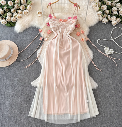 French style mesh suspender dress for women new style temperament waist slimming A-line long skirt R0373