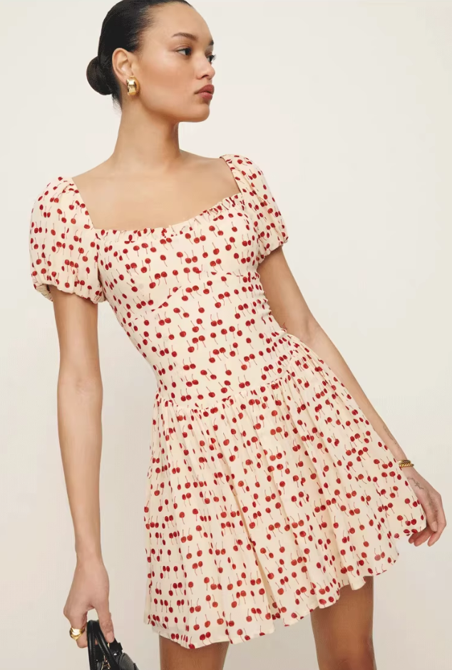 Dress French Cherry Print Square Neck Puff Sleeves Ruffle Waist Short Skirt R2933