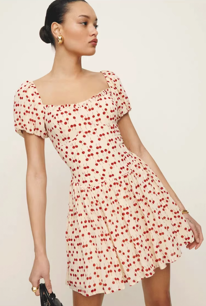 Dress French Cherry Print Square Neck Puff Sleeves Ruffle Waist Short Skirt R2933