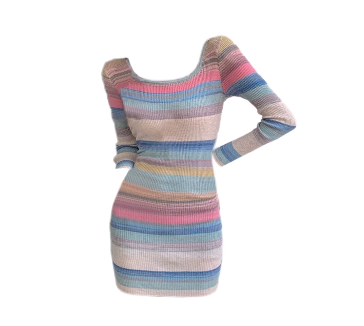 Pure desire hot girl long sleeve dress 2025 new rainbow stripes waist slim short skirt slim fit R0137