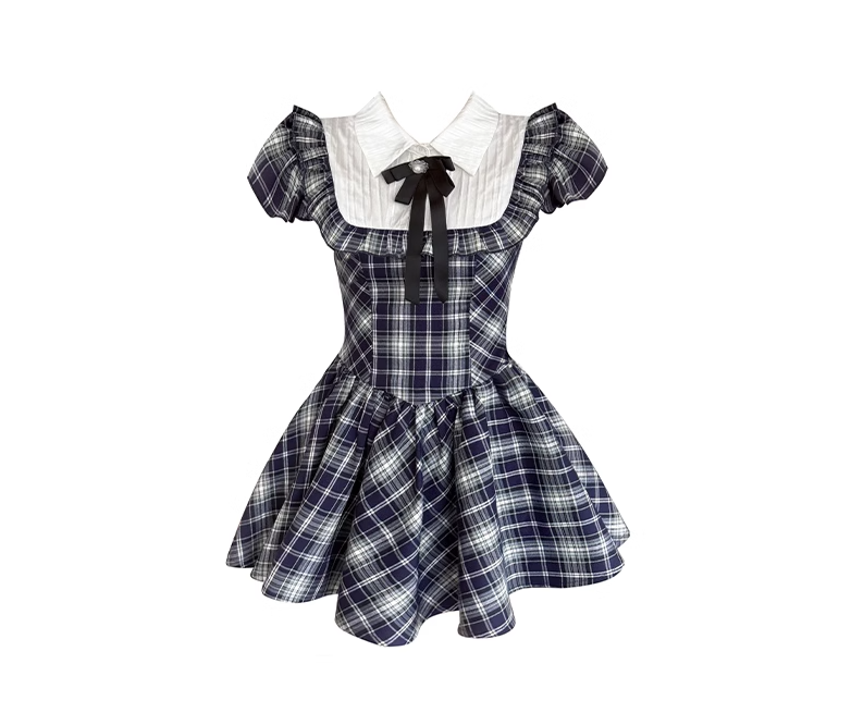 Retro plaid college style fake two-piece dress for women sweet temperament princess dress R0030