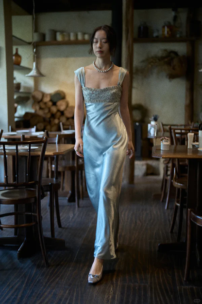 Elegant Blue A Line Straps Beaded Satin Long Prom Dress Evening  Dress fg8690