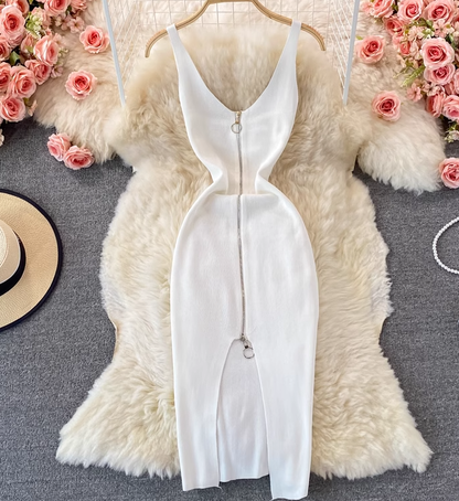 Elastic tight knitted vest skirt new summer style temperament V-neck zipper slit feminine hip dress R0368