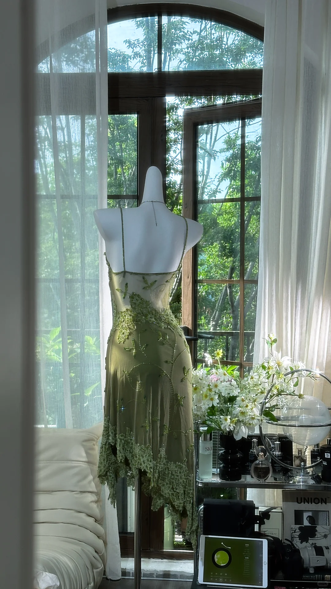 Retro Green Sequin Spaghetti Strap Romantic Shinny Chiffon Evening Dress Prom Dresses, D1458