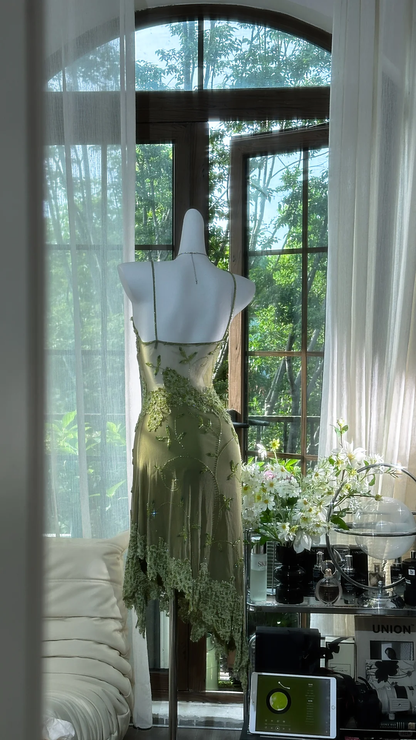 Retro Green Sequin Spaghetti Strap Romantic Shinny Chiffon Evening Dress Prom Dresses, D1458