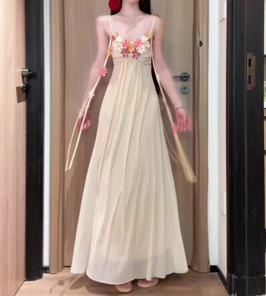 Flower V-neck suspender dress gentle temperament beautiful summer skirt R0729