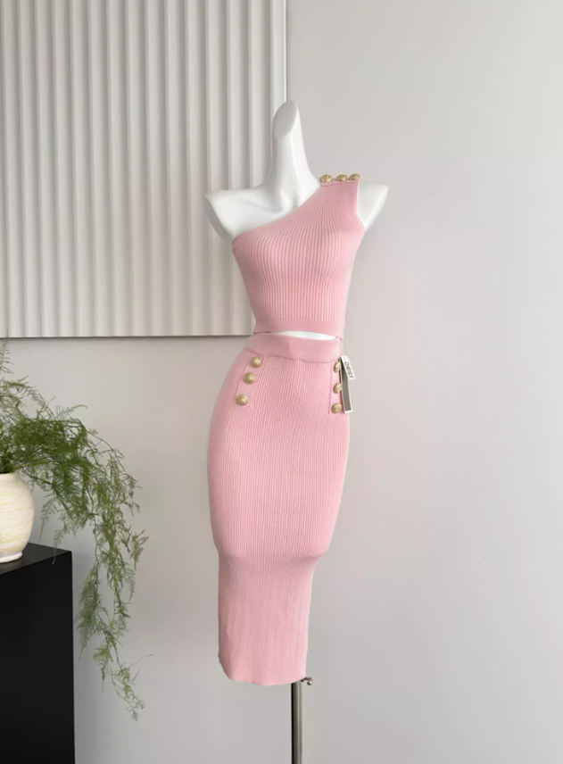 Temperament pure pink gold button off-shoulder short knitted versatile top slim skirt fashion suit R0277