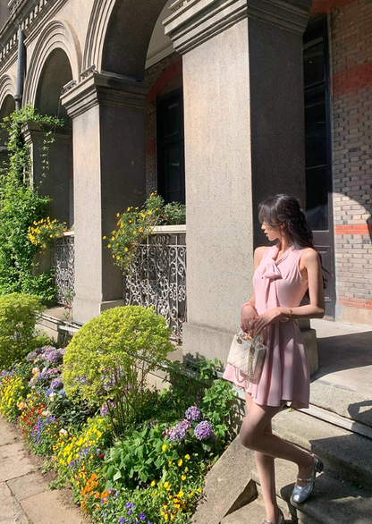 French style pink fake two-piece dress summer new temperament A-line short skirt R4341