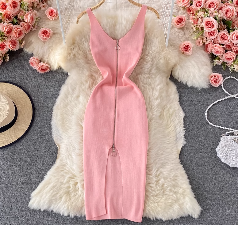 Elastic tight knitted vest skirt new summer style temperament V-neck zipper slit feminine hip dress R0368